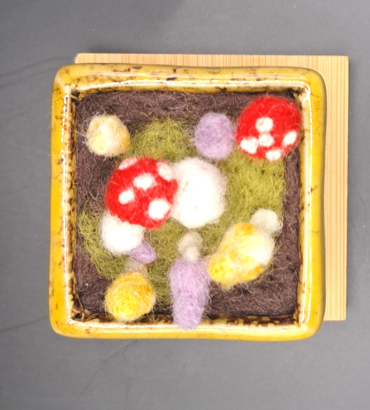 Needle felted Mushrooms in Glazed Square Pot
