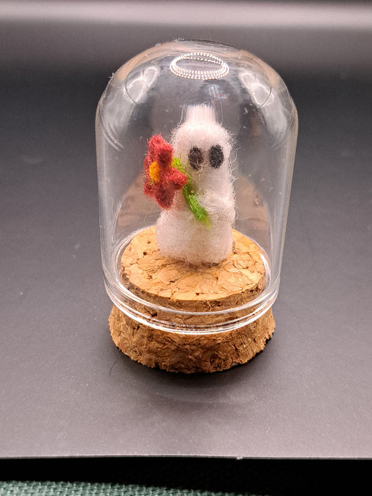'Pretty Flower' Needle felted ghost holding flower in bell jar
