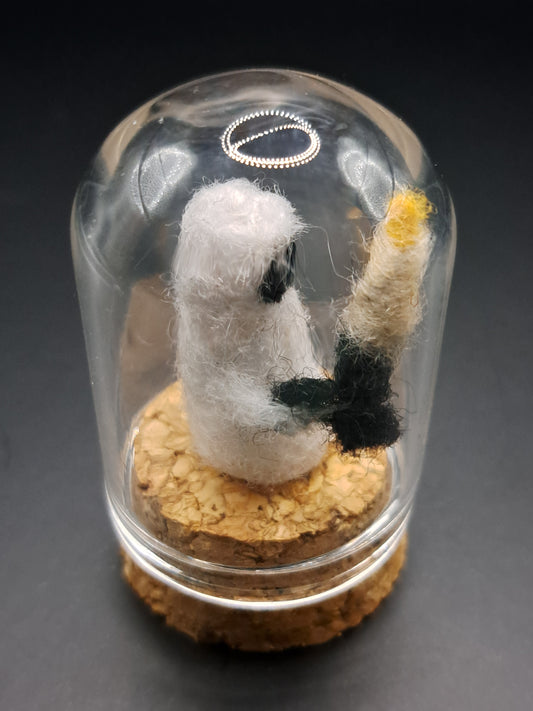 'Are you afraid of the dark' Needle felted ghost holding a candle