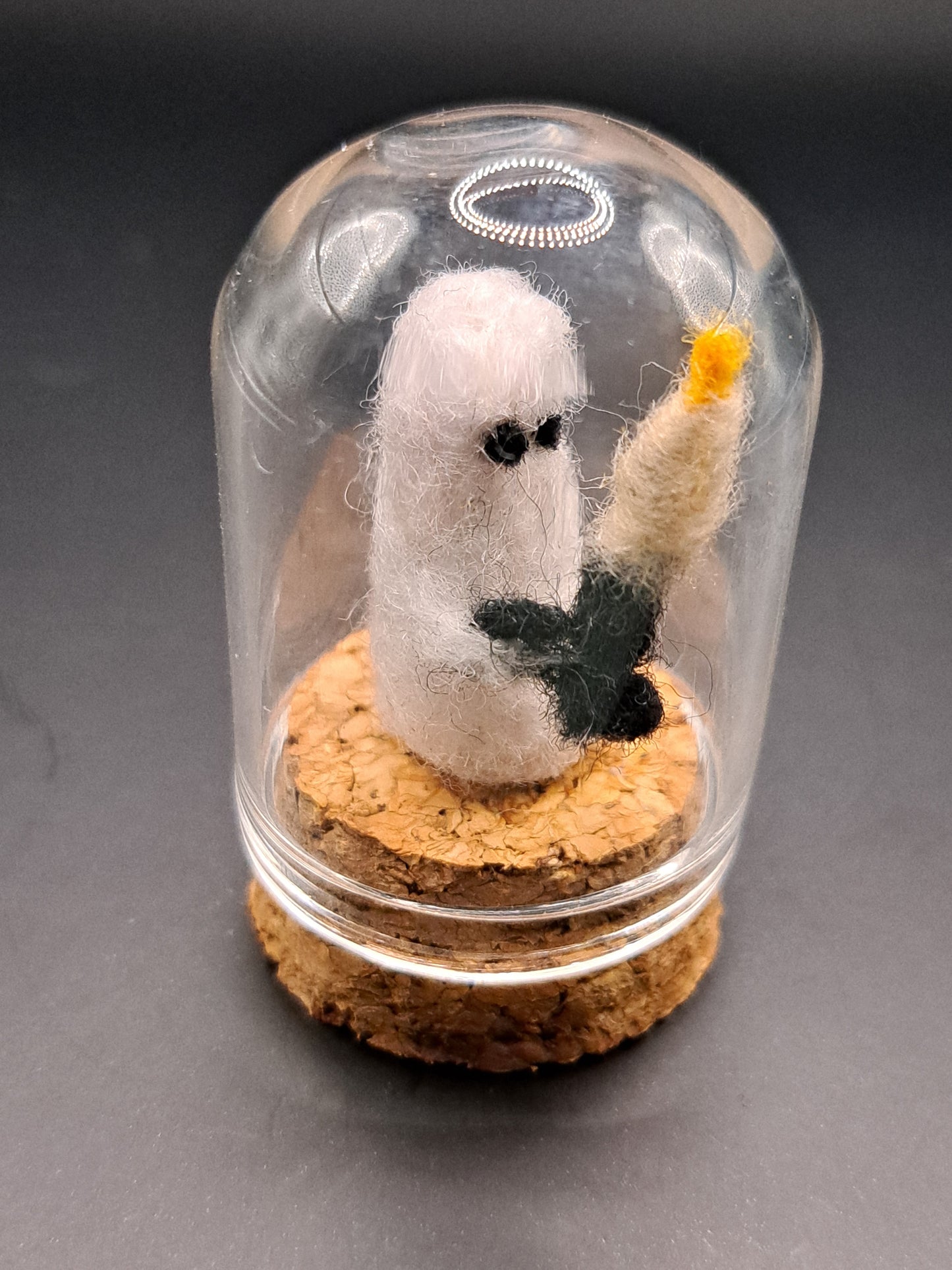 'Are you afraid of the dark' Needle felted ghost holding a candle