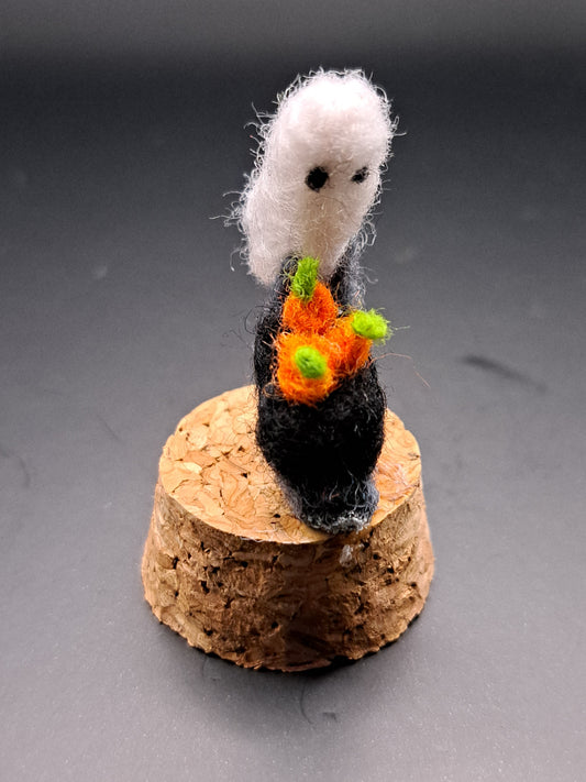 'I pick you' - Needle felted ghost with wheelbarrow in bell jar