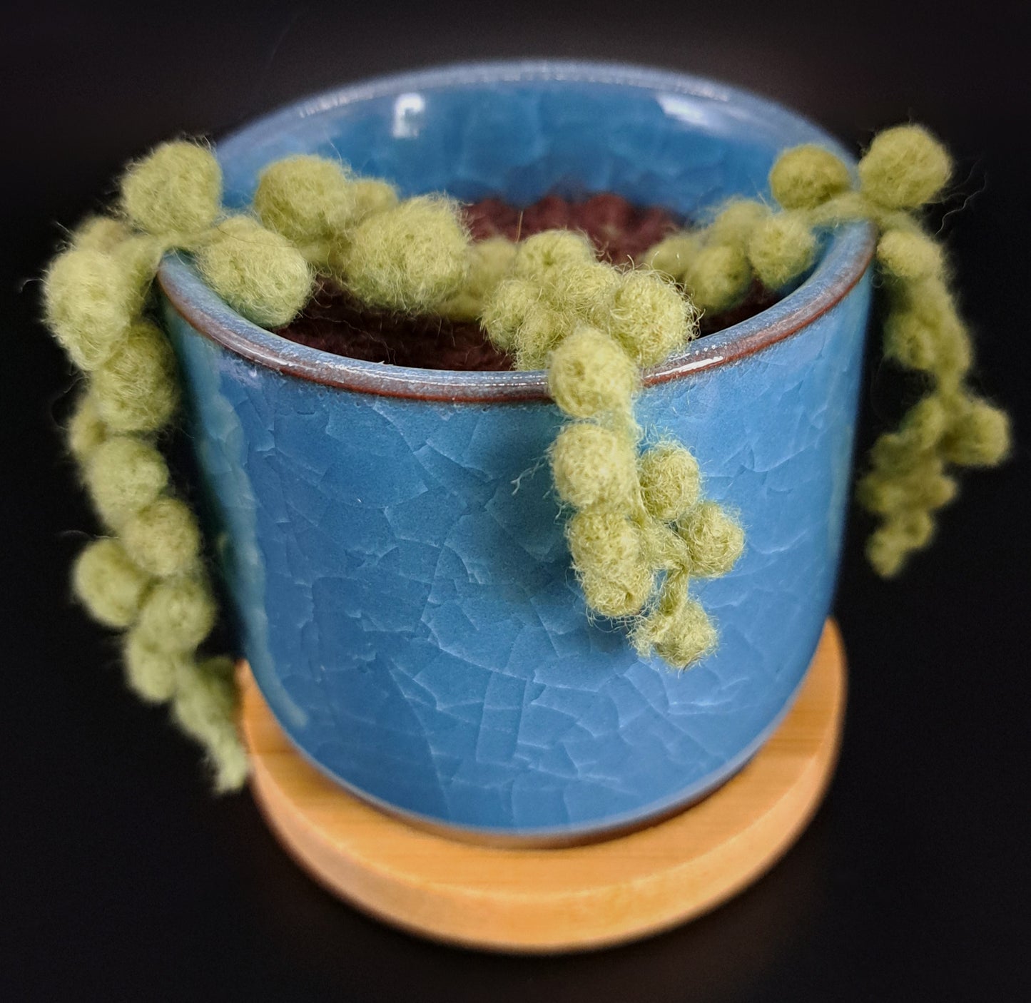 Needle Felted Pear Green String of Pearls in Glazed Pot