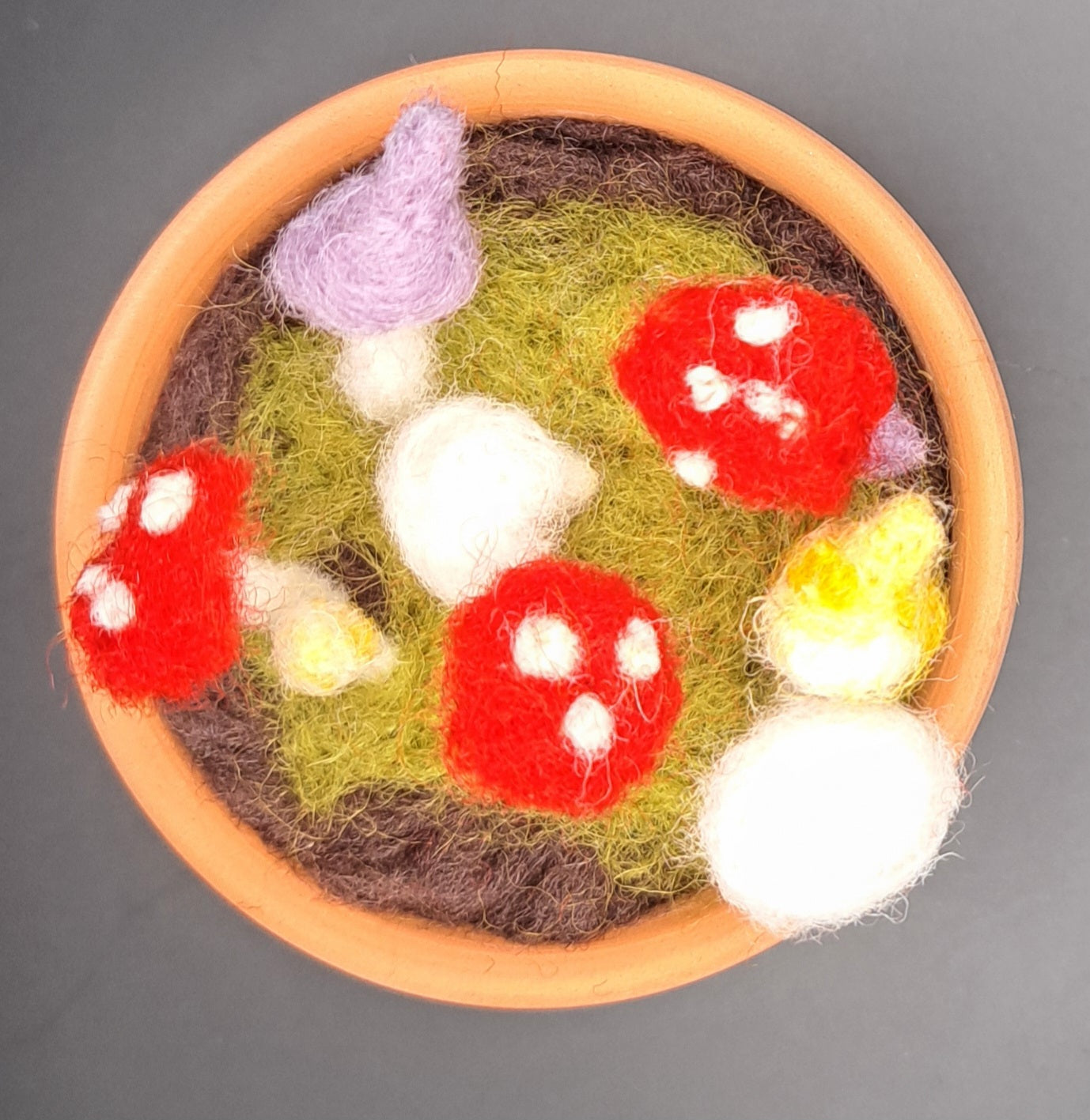 Needle felted Mushrooms in Glazed Square Pot