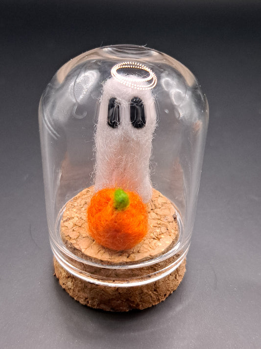 'You're my favorite pumpkin' - Needle felted ghost with pumpkin in bell jar.
