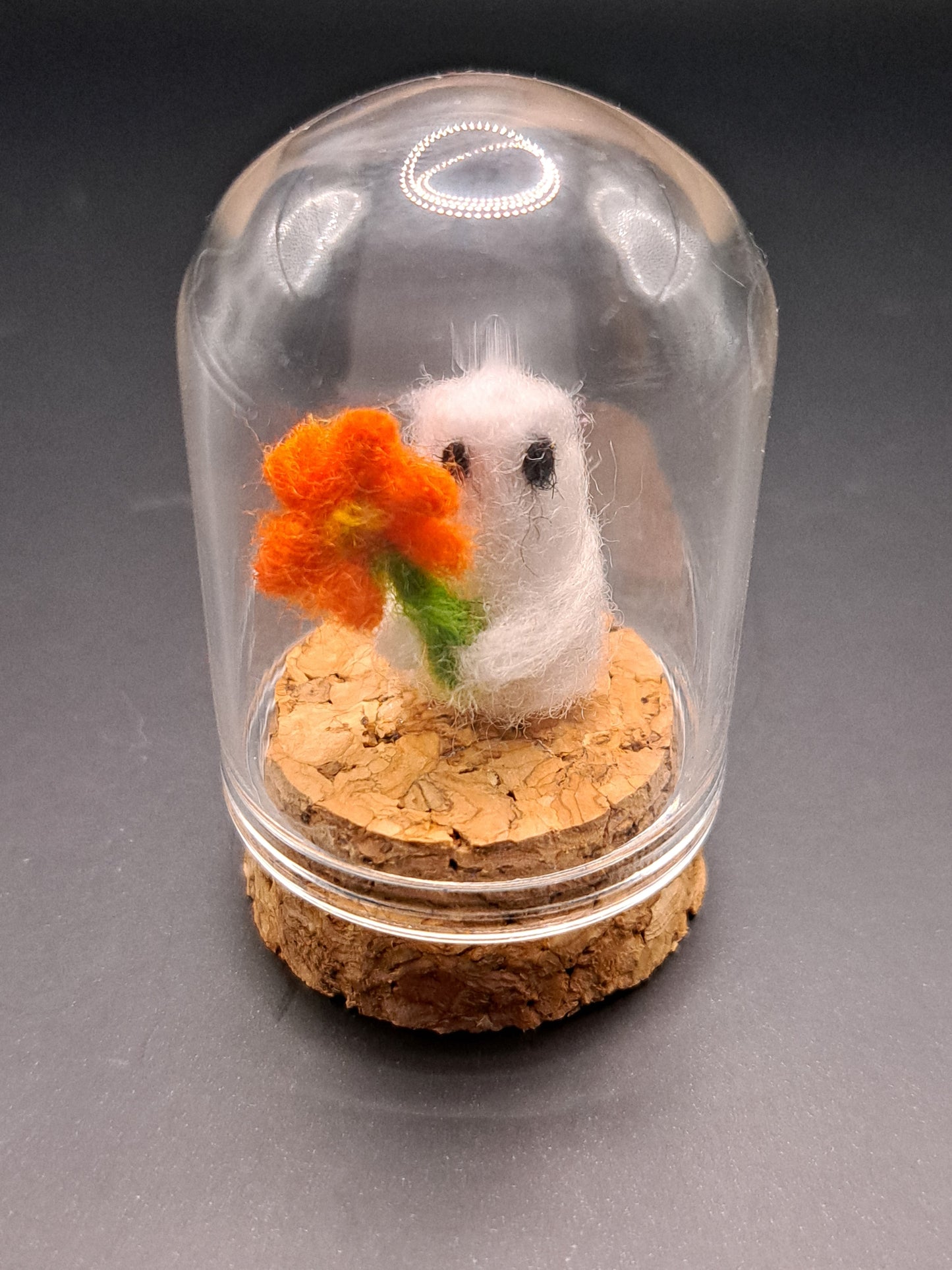 'Pretty Flower' Needle felted ghost holding flower in bell jar