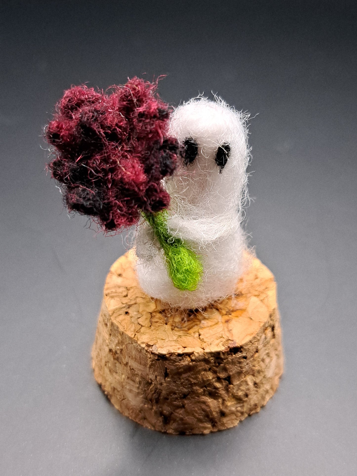 'Pretty Flower' Needle felted ghost holding flower in bell jar