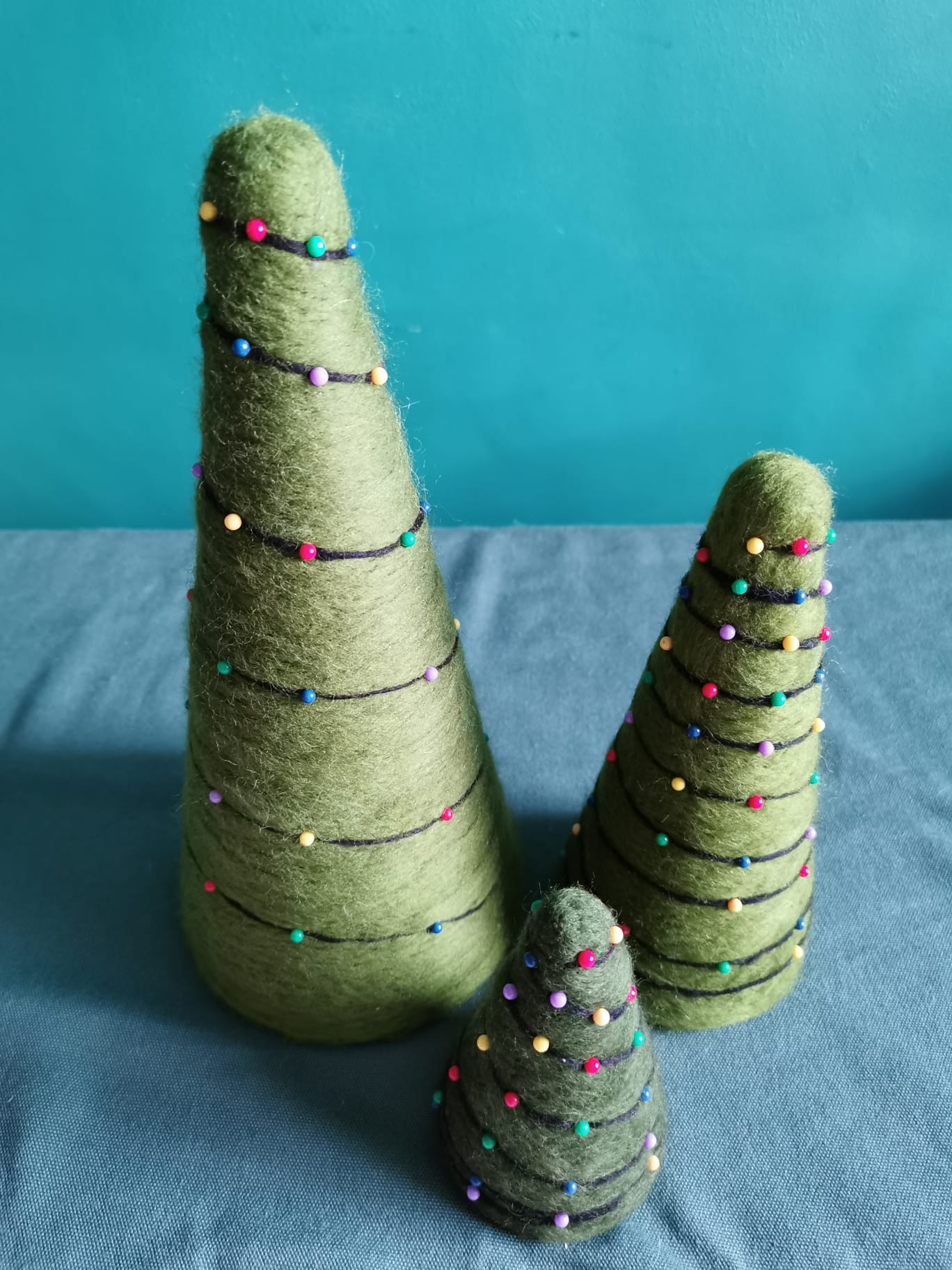 Needle felted Christmas tree pincushions